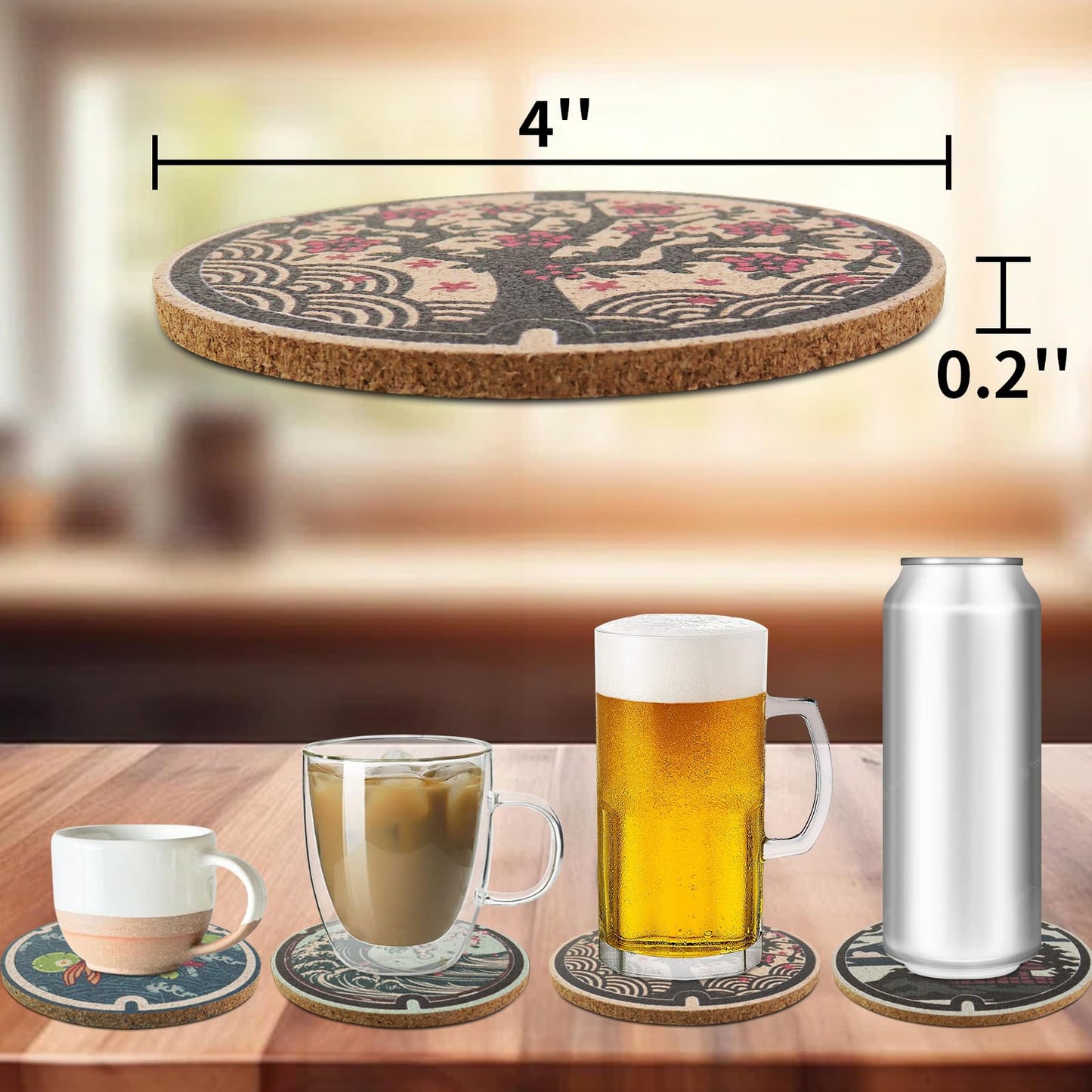 Japanese Coasters Japan Manhole Design Coasters for Drinks Cherry Blossom Koi Pagoda Deer Cork Coasters for Coffee Table Housewarming Birthday Gifts Set of 6
