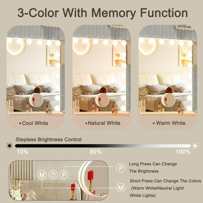 Hollywood Vanity Mirror with Lights, 15 Dimmable Bulbs, 3 Color Lights,Make Up Lighted Mirror, Aluminum Metal Frame, USB Charging Port（23" x 18"）