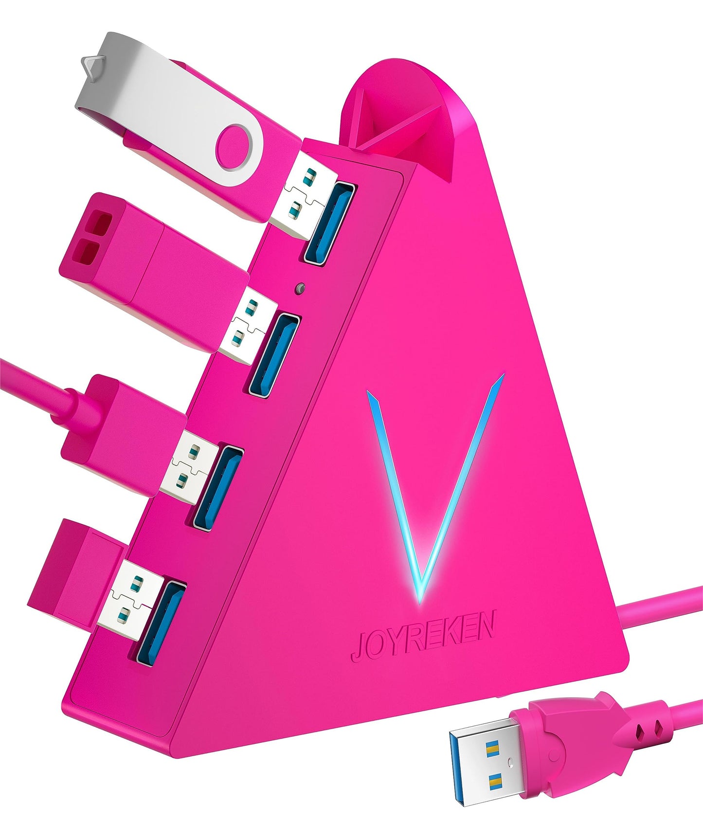 4-Port USB 3.0 Hub, FlyingVHUB Vertical Data USB Hub with 2 ft Extended Cable, for Mac, PC, Xbox One, PS4, PS5, iMac, Surface Pro, XPS, Laptop, Desktop, Flash Drive, Mobile HDD(Pink)