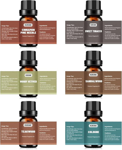 Essential Oils Set, Men Scents Fragrance Oil Essential Oils for Diffuser - Sandalwood, Teakwood, Sweet Tobacco, Cinnamon & Pine Needle, Woody Vetiver, Cologne Aromatherapy Oils for Men, 6x10ml