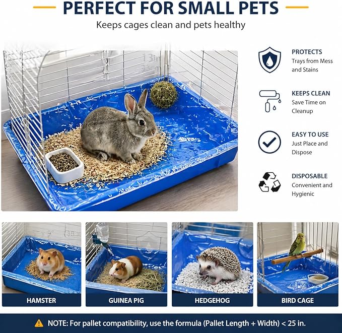 Disposable Small Animal Cage Liners – Pack of 100 Waterproof Plastic Sheets, 3-Second Quick Clean, for Rabbits, Guinea Pigs, Hamsters, Chinchillas, Hedgehogs & Birds | Pet Tray & Litter Box