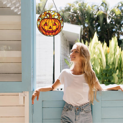 RVEAFA Pumpkin Stained Glass Window Hanging Horror Sun Catcher Decor Halloween Suncatchers for Garden Home Windows Hanging Decoration, 7.87inch