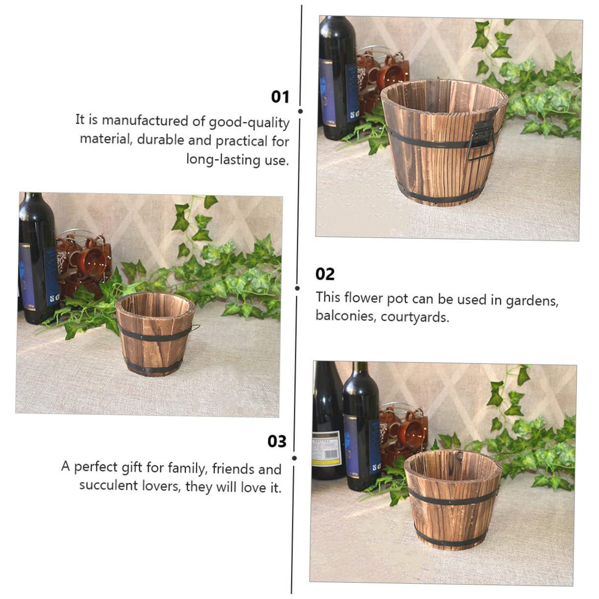 Yardenfun 3Pcs Wooden Barrel Pot Rustic Succulent Planters for Decor Wooden Bucket Planters for Indoor and Outdoor Use