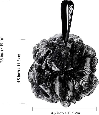 Yoget Bath Loofah Sponge, 4 Pack Black 60G Shower Mesh Ball Soft Pouf Body Scrubber, Exfoliate, Cleanse, Soothe Skin, Black Loofah with White Trim