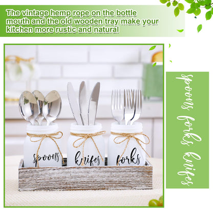 Tiangrid 4 Pcs Silverware Utensil Holder Mason Jar with Wooden Utensil Organizer for Kitchen Countertop Forks Spoons Knives Storage White Farmhouse Kitchen Caddy Glass Cooking Decor for Party