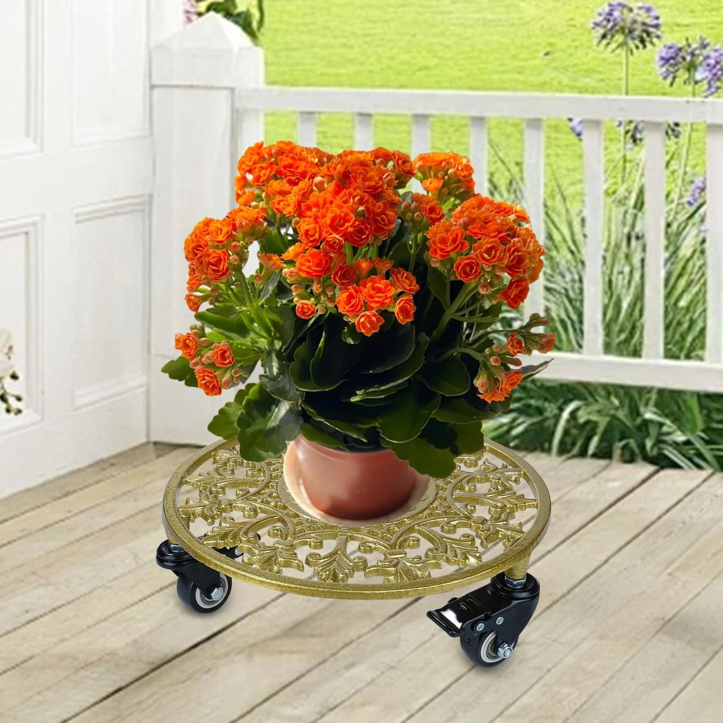 GARGENTOL 2 Pack 11 Inch Gold Metal Plant Caddy with Wheels, Round Rolling Plant Stand Heavy Duty Indoor Outdoor Planter Dolly, Plant Pot Mover for Large Flower Pots and Planters