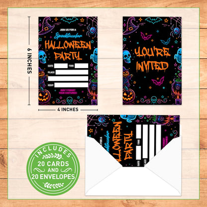 Weifuju 20 Pack Neon Spooky Halloween Party Invitations with Envelopes