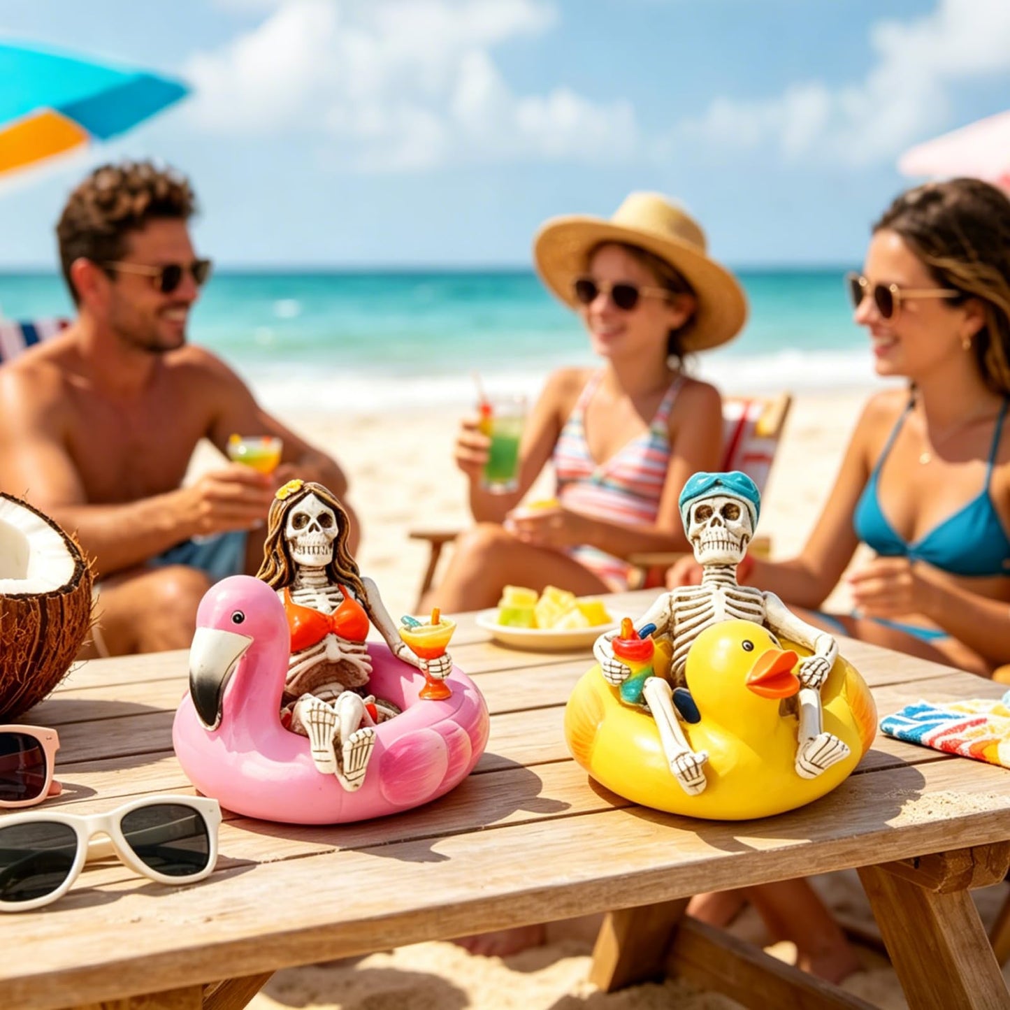 Summer Home Decor Halloween Skeleton-Statues - 2PC Summerween Collectible Figurines Couple on Yellow Duck & Pink Flamingo Floats Sulpture for Coastal Tropical Beach Halloween Decor Newman House Studio