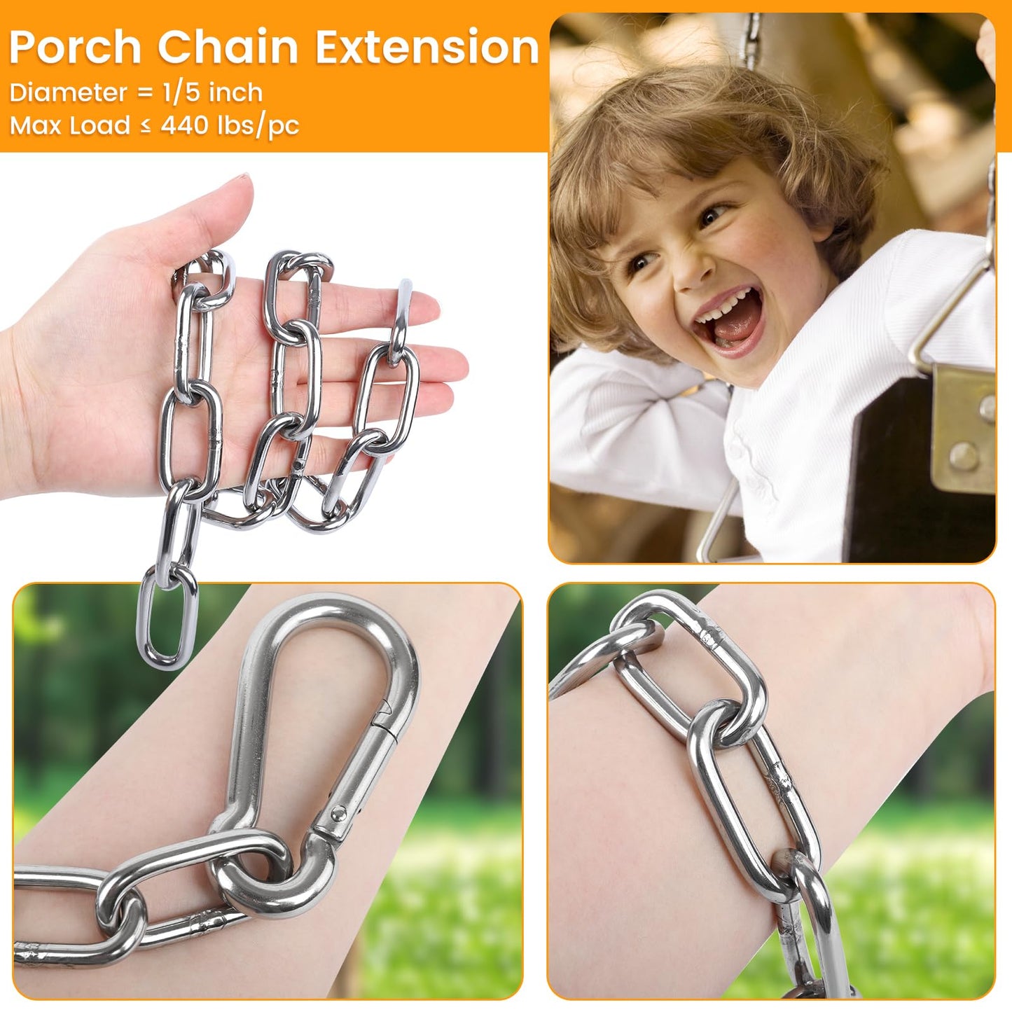 2 Pack 30 Inch Heavy Duty Chains for Swing, 440LB Hanging Chair Chain with 5/16 Thick Clasps, Adjustable Stainless Steel Chain Extension for Porch Tree Swing Hammock Chair Boxing Bag Yoga Gym