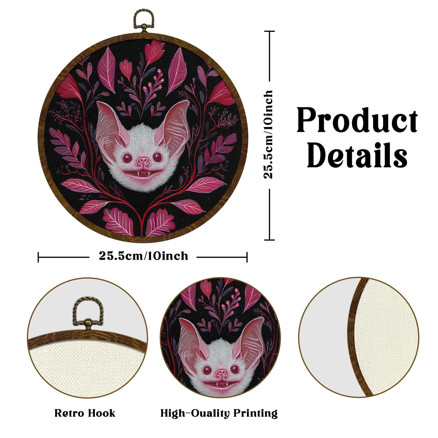 KLYTINK Pink Bat Round Wall Art Decor,10x10 Inch Gothic Whimsical Canvas Print with Round Frame, Cute Bat Artwork Wall Hanging Decor for Bedroom, Living Room, or Halloween Home(Pink Bat)