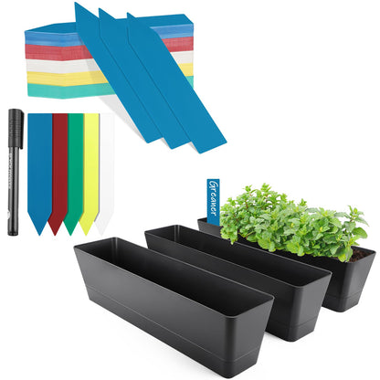 GREANER Window Boxes Planters with 4inch Colorful Plant Label, 3PCS 16x3.8 Inch Black Rectangle Planters Box with Drainage Holes and Trays, Herb Succulents Flowers Plastic Pot for Windowsill, Garden,