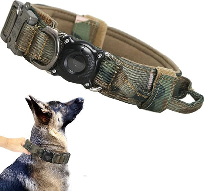 Upgraded AirTag Dog Collar,Waterproof Tactical Dog Collar with AirTag Holder, Control Handle and Metal Buckle,Heavy Duty Dog Collars for Large Dogs(AirtagCamo，M