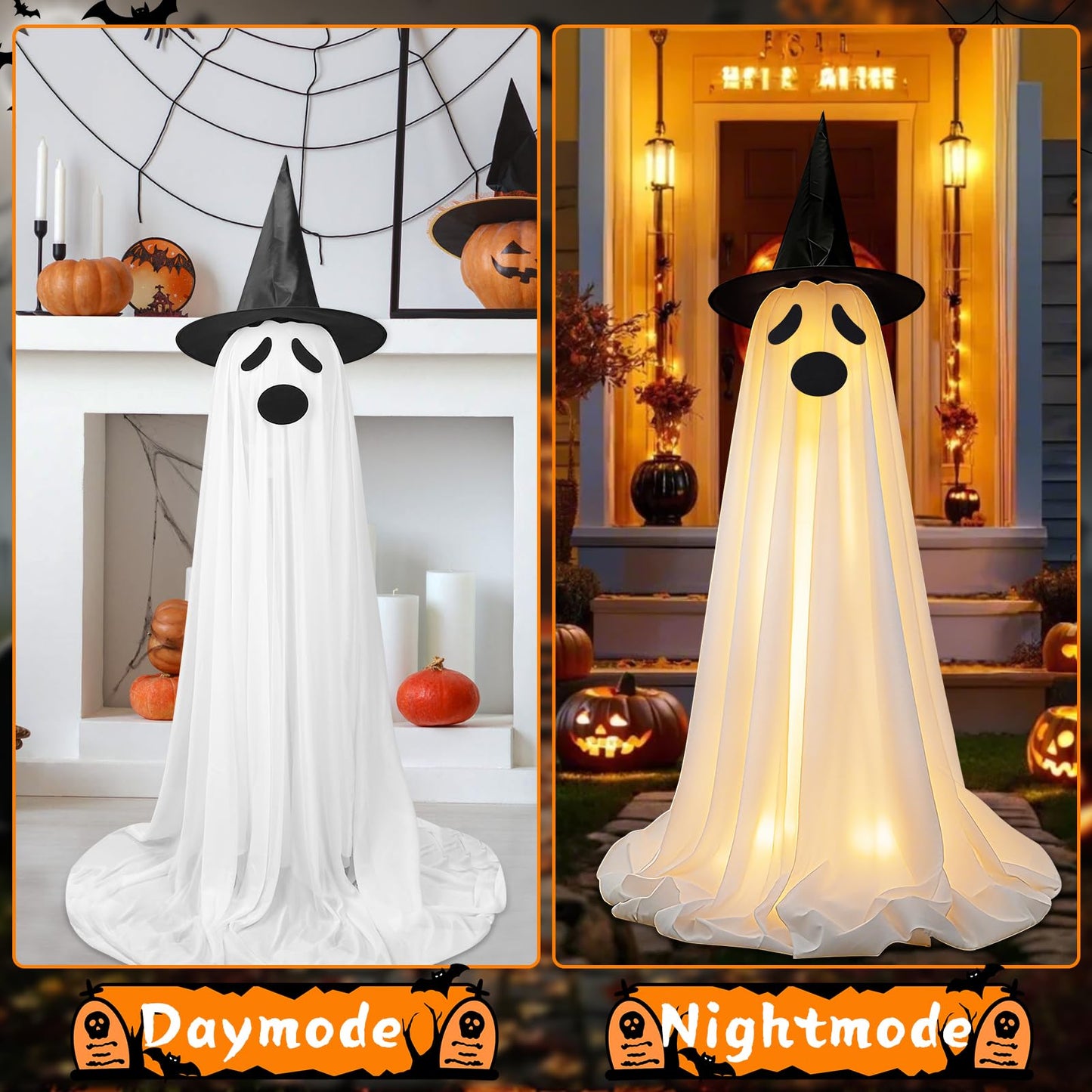 Bensbl 2Pcs Outdoor Ghost Decorations Light Up Standing Ghosts with String Lights 3 Expressions and 2 Witch Hats for Front Porch Yard Lawn Haunted House Decor
