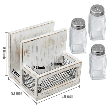 FARM IN Napkin Holder, Farmhouse Multifunctional Napkin Holder with Salt and Pepper Shakers Holder for Home and Commercial Use, Rustic Solid White Washed Wood & Diamond Metal Wire Mesh