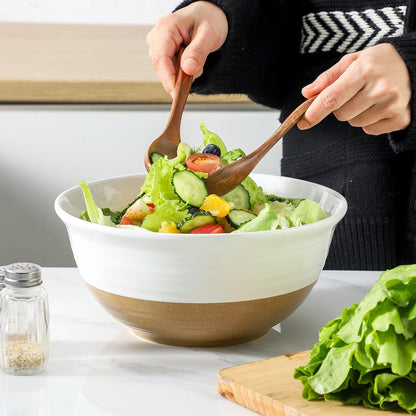 HASENSE Large Ceramic Serving Bowls Set of 2, 84 Oz 9 Inch White & Terracotta Stoneware Mixing Bowls, Farmhouse Bowls for Salad, Baking, Popcorn & Side Dishes, Dishwasher & Microwave Safe