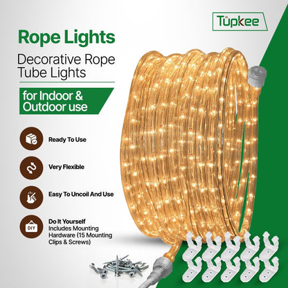 Tupkee Rope Light - 24 Feet, Warm Clear, 10MM Diameter, 288 Incandescent Bulbs, Indoor/Outdoor, Model RL-24-C2, Pack of 2