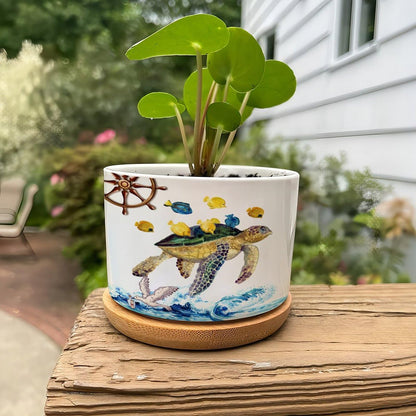 DreamAutumn Ocean Theme Sea Turtle Ceramic Pots for Plants with Drainage Holes Round Flower Pot Bamboo Tray Orchid Pot Succulents Pots for Outdoor Indoor Plants,Housewarming Gifts