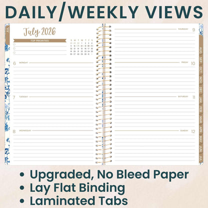 bloom daily planners 2026-2027 Planner - Academic Year (July 2026 - July 2027) Monthly & Weekly Soft Cover Planner for Women - 13 Month Inspirational Agenda Book with Stickers - 5.5" x 8.25" - Blue & White Floral