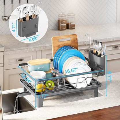 Urackify Dish Drying Rack for Kitchen Counter, Sink Dish Rack with Drainboard 12.2" W x 16.5" L, Large Dish Drainer with Cutlery Holder, Home Countertop Plate Dryer Storage Rack, Gray
