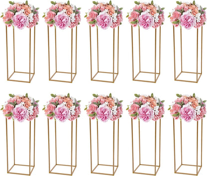 10 Pack 23.6 Inch Gold Wedding Flower Stand Metal Vase Column Stand Geometric Centerpiece Vase for Home Party Wedding Decorations, Rectangular Flower Display Rack