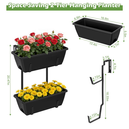 YAHKBTEN Railing Planter Boxes 2 Pack Window Boxes Planters with 2-Tier Adjustable Brackets, 17'’ Deck Railing Planter Boxes Vertical Balcony Hanging Flower Pots for Fence Rail Porch Garden Decor