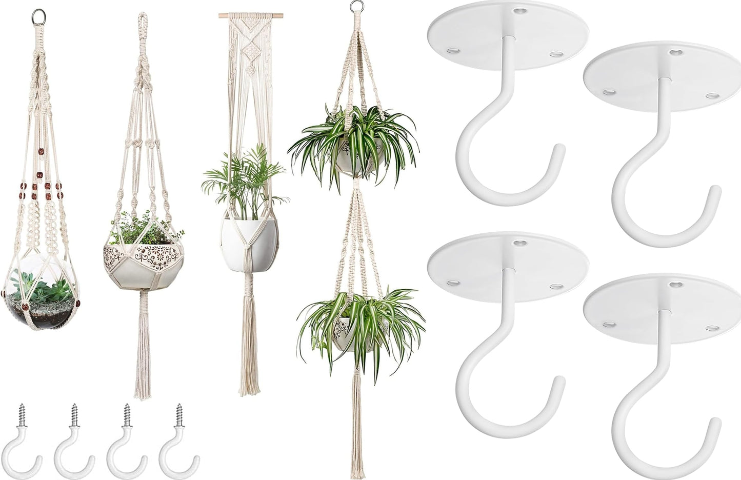 Mkono Macrame Plant Hangers and Ceiling Hooks Set of 8 Indoor Hanging Planter Basket Wall Decorative Flower Pot Holder for Indoor Outdoor Home Decor Gift Box
