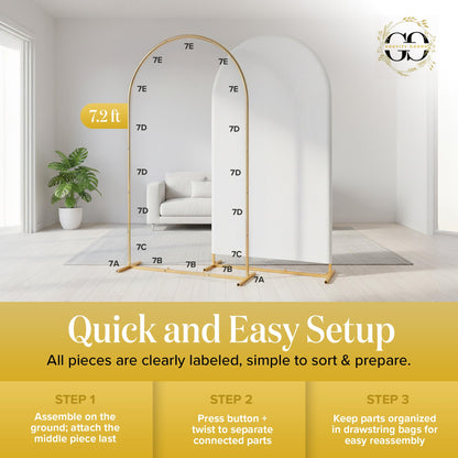 7.2FT Gold Wedding Backdrop Arch Stand with White Spandex Cover – Metal Frame, Water Weights & Storage Bag – Party, Birthday, Baby Shower, Bridal Shower, Wedding Ceremony, Photo Booth Decor