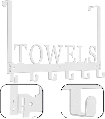 Over The Door Rack, Towel Hooks for Bathroom, Bath Towel Holder Door Mount Metal Towel Hanger for Bedroom Kitchen Pool Beach Towels Bathrobe Wall Mount Towel Rack for Bathrooms (6 Hooks, White)
