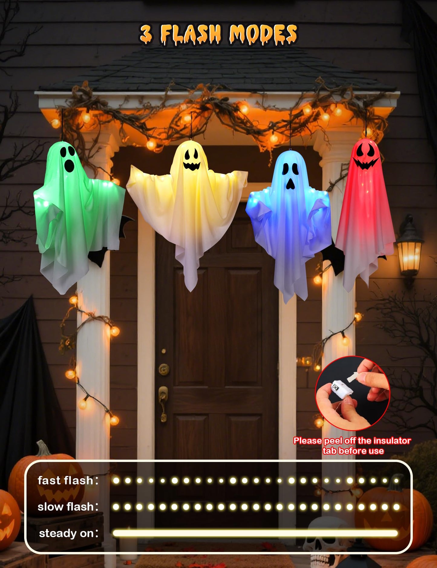 Lightshyer Halloween Decorations Outdoor Indoor 4 Pack Hanging Ghosts Halloween Haunted House Light Up Kit Decor for Tree House Yard Porch Window Bedroom Party