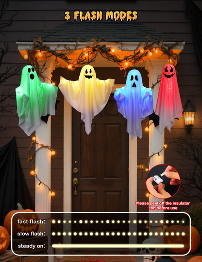 Lightshyer Halloween Decorations Outdoor Indoor 4 Pack Hanging Ghosts Halloween Haunted House Light Up Kit Decor for Tree House Yard Porch Window Bedroom Party