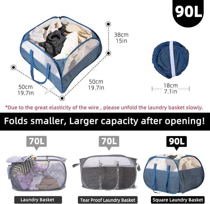 Collapsible Laundry Basket, 90L Foldable Pop-up Laundry Hamper with Reinforced Handles, Tear Proof Mesh Dirty Clothes Hamper for Laundry (Blue)