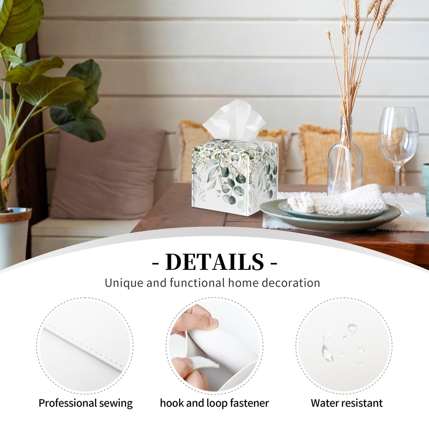 Eucalyptus Leaves and Flowers Tissue Box Cover Square,Watercolor Green Leaves Branches Tissue Box Holder Waterproof Leather Facial Paper Organizer Dispenser for Bathroom Home Car Nightstand Vanity