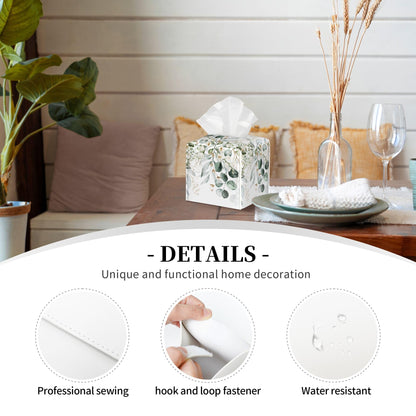 Eucalyptus Leaves and Flowers Tissue Box Cover Square,Watercolor Green Leaves Branches Tissue Box Holder Waterproof Leather Facial Paper Organizer Dispenser for Bathroom Home Car Nightstand Vanity