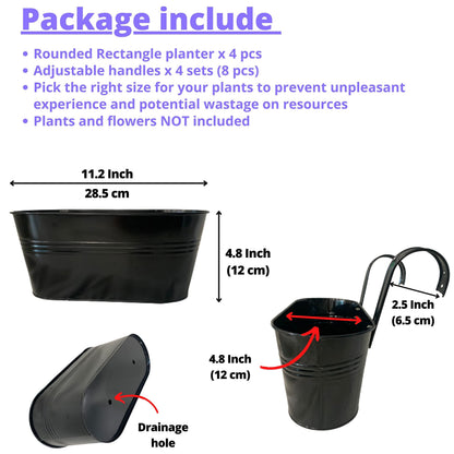 LaLaGreen Outdoor Rail Planter Plants (4 Pack, 11.2 Inch) Black Metal Iron Hanging Flower Pots Deck Railings Fence Buckets Modern Boho Style Wall Mount Window Box Plant Holder with Hooks Porch Decor
