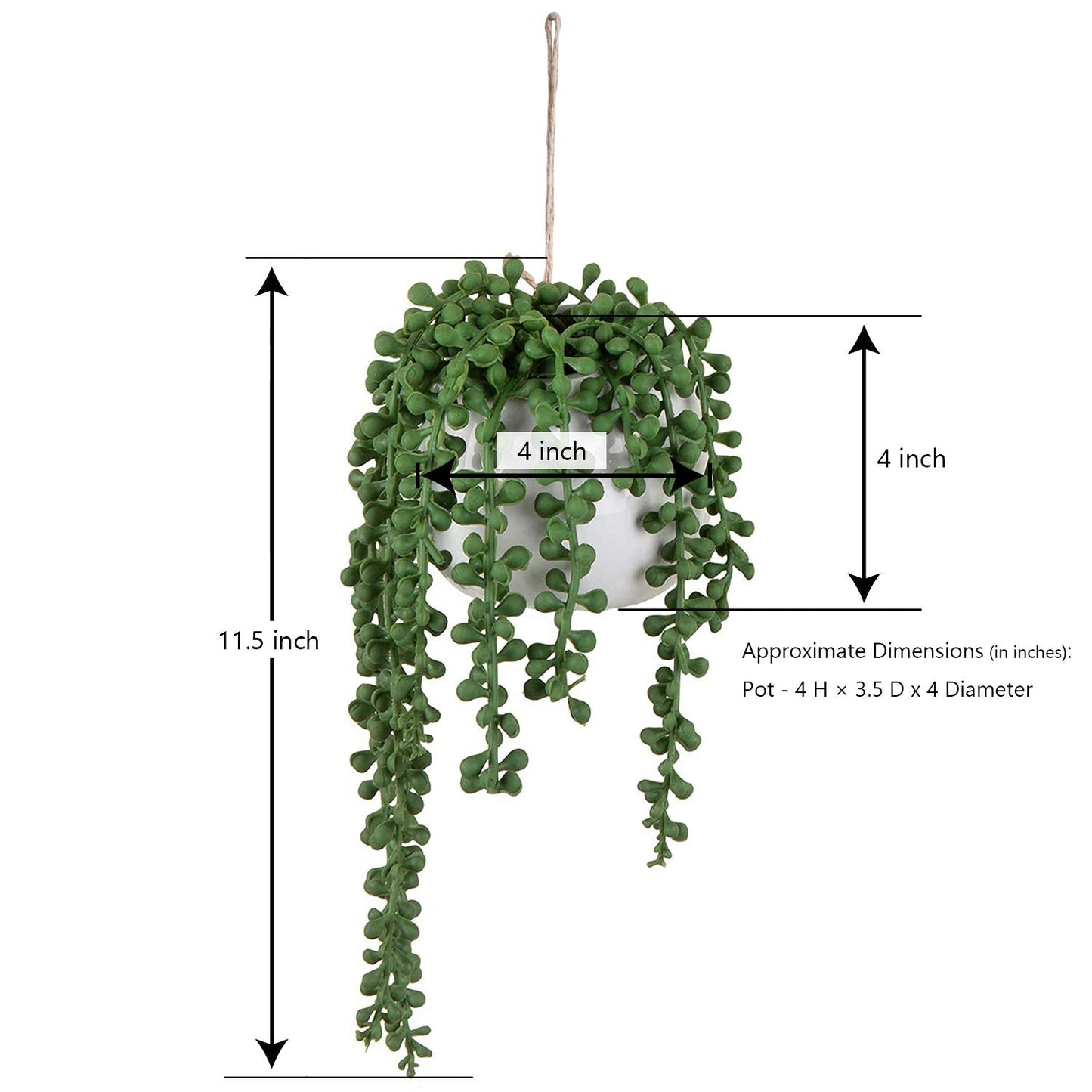MyGift Artificial Faux String of Pearls Plants in White Ceramic Wall Hanging Planter Pot with Jute Rope, Set of 2