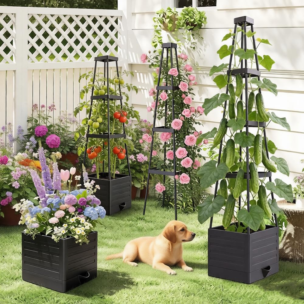 2 Packs Tomato Planter with Trellis, 56" Tomato Cages for Indoor & Outdoor Climbing Plants, Self Watering Vertical Garden Bed Plant pots for Garden Patio