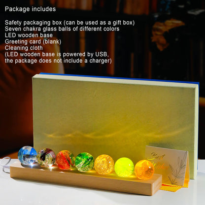 Ornalrist 7 Chakra Natural Healing Spheres with Wooden LED Light Base Crystal Quartz Ball for Meditation Positive Energy Night Light Home Decor