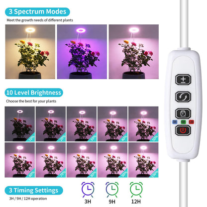 Halo Ring Grow Lights for Small Indoor Plants, Red+Blue+Yellow Light Full Spectrum LED Plant Light, Height Adjustable with 5V 2A Adapter, 3/9/12H Timer & 10 Dimmable Levels, Angel Ring 2 Pack