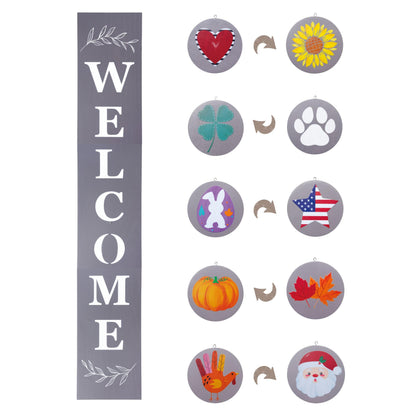 Perfnique Interchangeable Welcome sign for front porch standing, 47 x 7.9 Inch Black Wooden Leaner Sign with 10 Interchangeable Designed Icons, Morden Farmhouse Rustic Seasonal Decor for Spring Easter