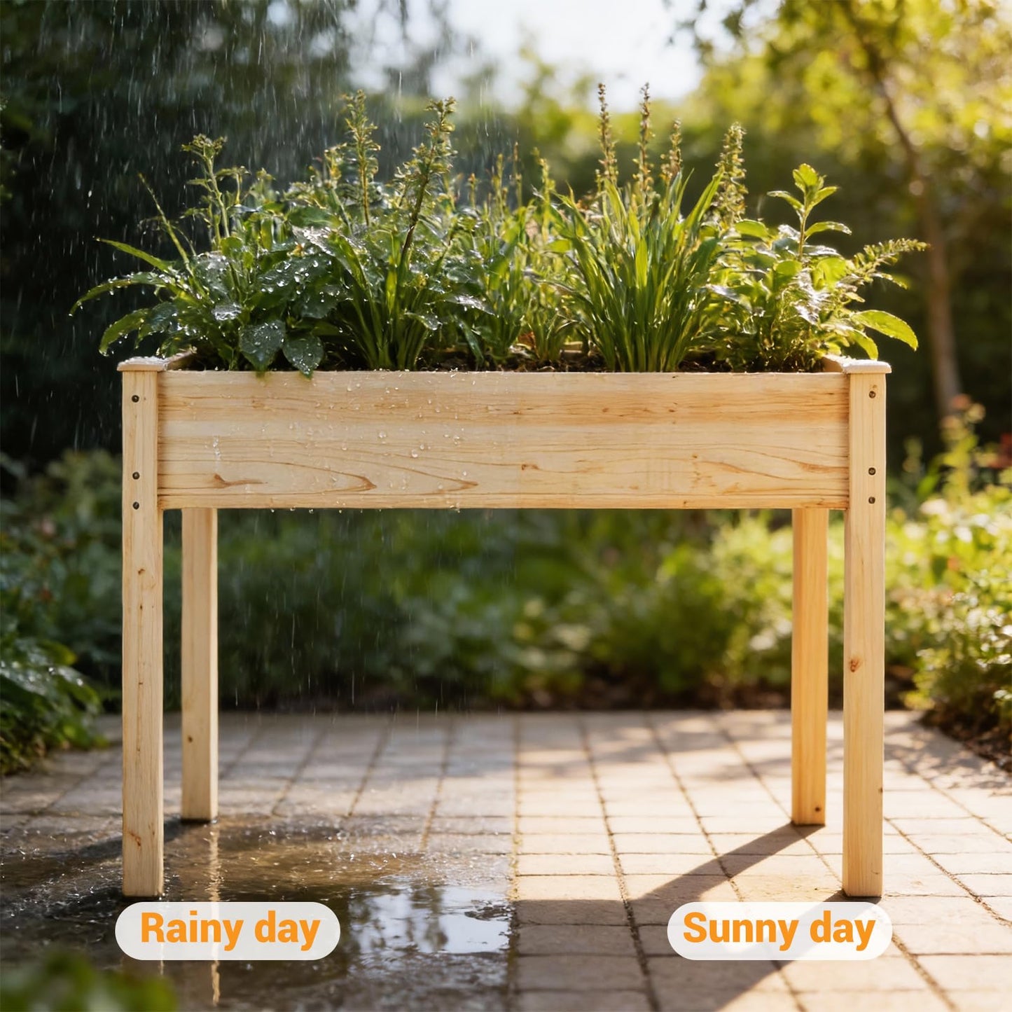 DUMOS Raised Garden Bed with Legs, 48x24x30 Inch Planter Box Outdoor with Liner for Herbs/Flowers/Vegetables, Elevated Wooden Garden Bed for Patio, Balcony and Backyard, Soft Wood