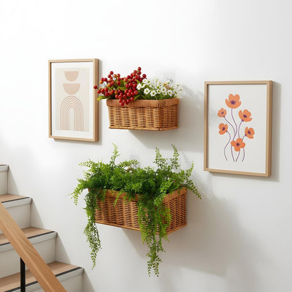 2 Pcs Wall Hanging Basket Wall Mount Pantry Fruit Basket Boho Style Decor Storage Baskets Adhesive Bathroom Cabinet Organizer for Bathroom Kitchen Garden Living Room with 4 Hooks