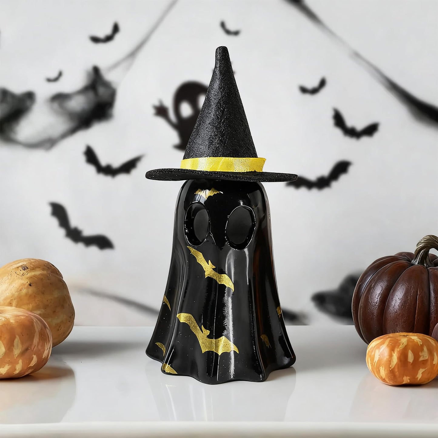 Cute Ghost Wearing a Hat for Halloween Decor Indoor, 3D Resin Night Light, Simple Pottery Barn Halloween Decor for Party Bedroom Study Room Funny Gifts Indoor 3D LED Nightlight Figurine (Black)