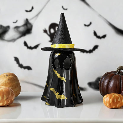 Cute Ghost Wearing a Hat for Halloween Decor Indoor, 3D Resin Night Light, Simple Pottery Barn Halloween Decor for Party Bedroom Study Room Funny Gifts Indoor 3D LED Nightlight Figurine (Black)