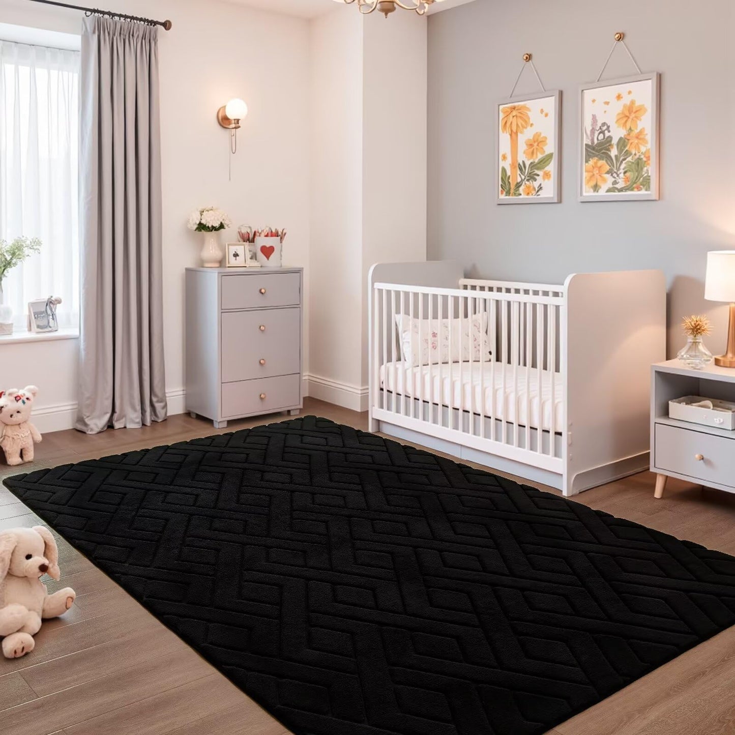 Flagover 3x5 Black Washable Area Rug for Bedroom, Modern Geometric Shag Non-Slip Living Room Rugs, Fluffy Plush Soft Memory Foam Carpet for Kids Boys Room Nursery Room Dorm Bedside Decor