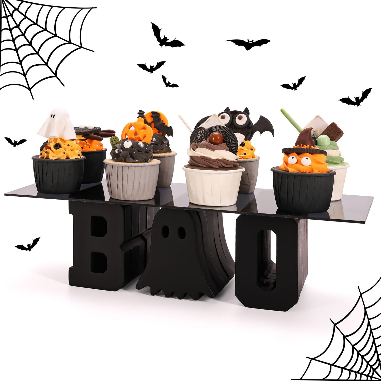 Whaline Halloween Ghost Cupcake Stand Black Ghost Boo Acrylic 6.3 x 15.7 Inch Clear Dessert Display Holder Tray for Holiday Birthday Trick or Treat Party Decoration