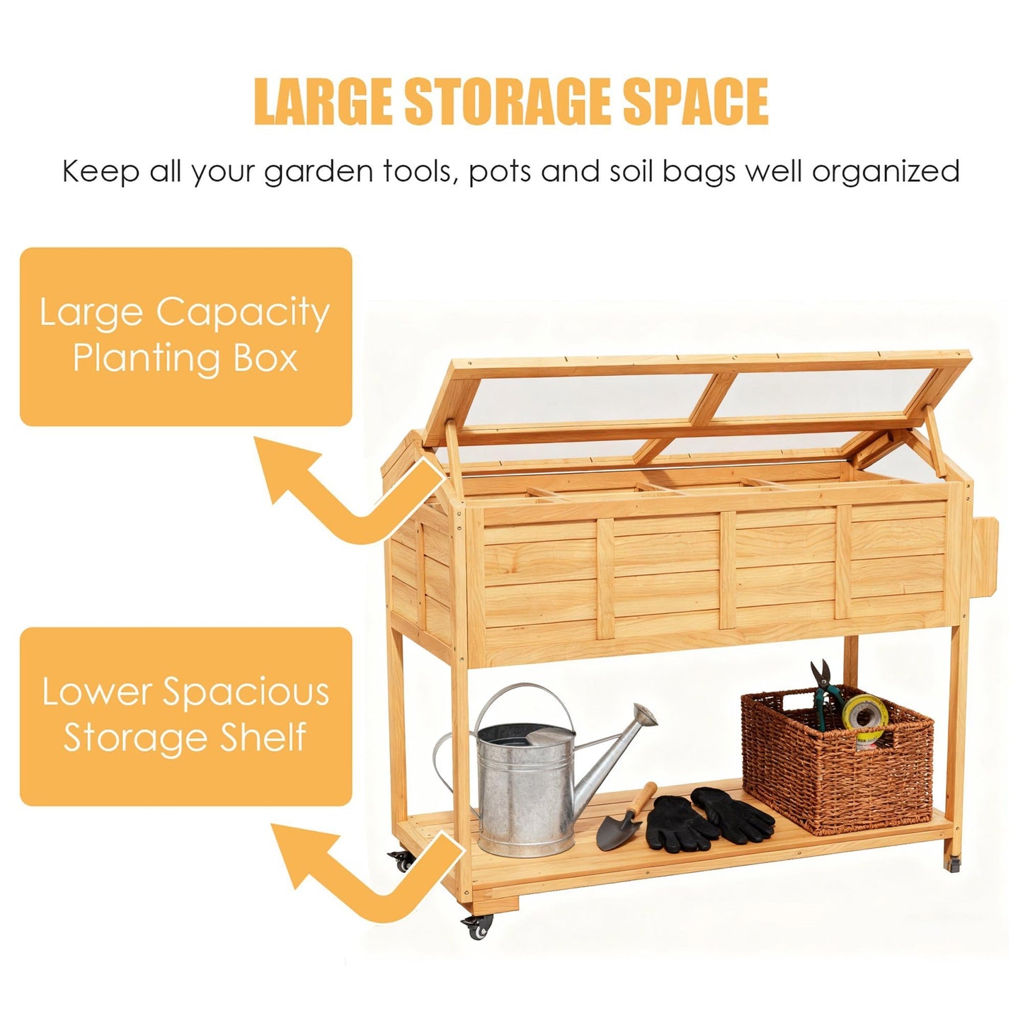 Raised Garden Beds on Wheels with Legs and Cover Elevated Garden Bed Herb Planter Box Cart Outdoor with Bed Liner,Storage Shelf,Seed Starter Tray for Backyard Patio Outside (Country Rustic)