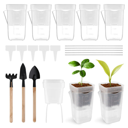 Anglekai 5P 2.5" Mini Self Watering Pots, Small Self Watering Plastic Planter for Indoor Plants for Bare Root Plants, with Inner Pot/ 3 Shovels/ 10 Labels (5)