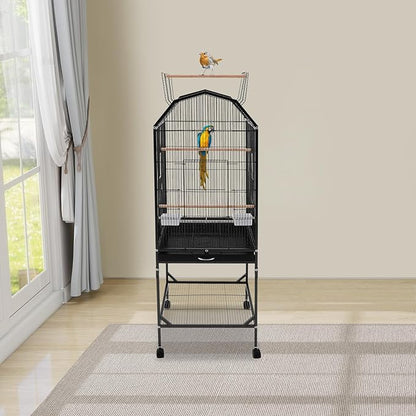 53.5 Inch Iron Bird Cage, Large Parakeet Cages with Play Open Top and Rolling Stand, Bird House with Detachable Stand and Pull-Out Tray for Cockatiels, Parrots, Lovebirds, Canaries (Black, Style B)