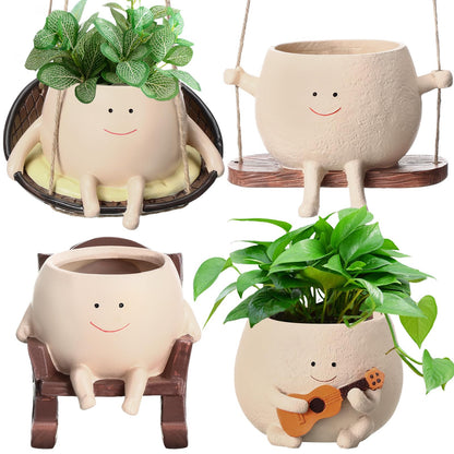 RimCereal 4 Pack Smile Face Planter Pot Small Hanging Swinging Planter Cute Holder for Indoor Outdoor Plants Funny Swing Gifts for Mother's Day Birthday Christmas
