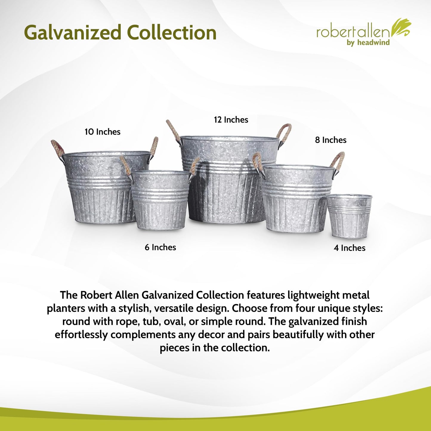 Headwind Decorative Planter - Round Galvanized Bucket w/Rope Handles – 10 Inch Metal Tub Bucket Planter for Outdoor Plants w/Drainage Hole – Galvanized Large Outdoor Planters Buckets by Robert Allen